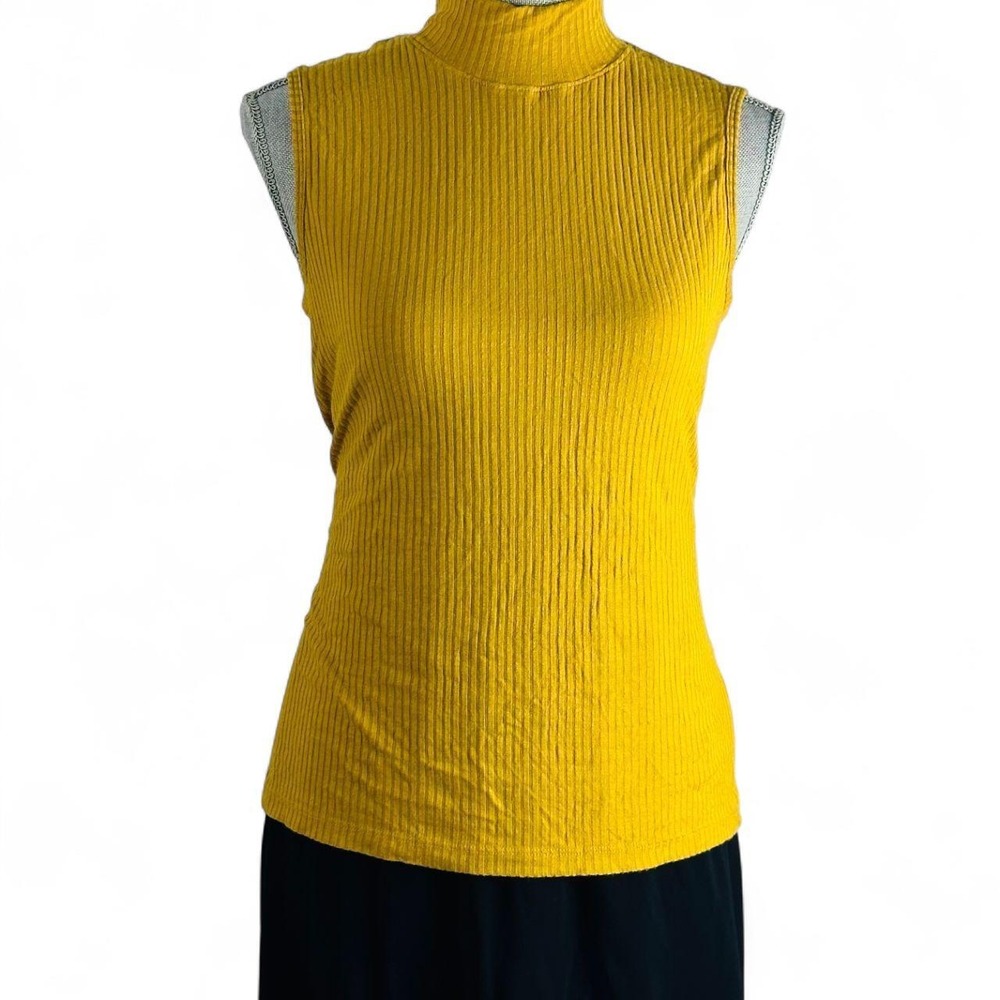 Rachel Zoe Mustard Yellow Ribbed Mock Neck Tank Top Sleeveless, Large
